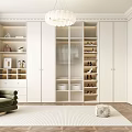 Elegant Modern Walk in Closet Interior With White Cabinets Chandelier Armchair And Carpet