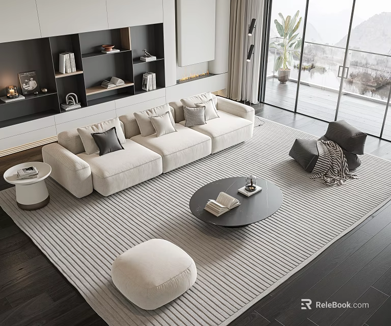 Modern Cream Sofa And Round Black Coffee Table Set With Striped Rug And Footstool 3d model 