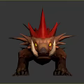 3D Monster Character Model With Red Spiky Mane Yellow Glowing Eyes And White Tusks
