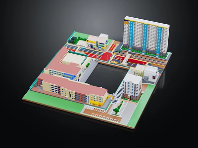 Cartoon Scene With Colorful Building Models High Rise Low Rise Structures Green Spaces And Plaza 3d model