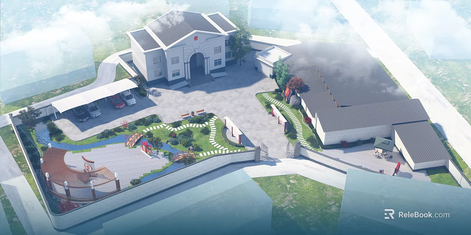 Detailed Aerial Planning of Institutional Complex with Main Building Courtyard Greenery and Parking Areas 3d model 