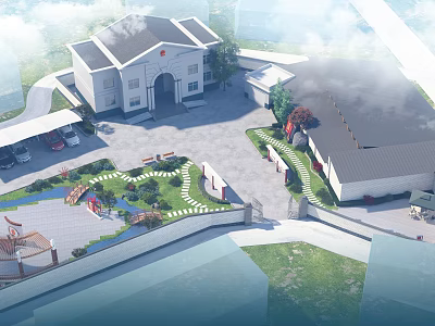 Detailed Aerial Planning of Institutional Complex with Main Building Courtyard Greenery and Parking Areas 3d model