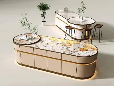 Modern Kitchen Interior With Curved Marble Countertop Cabinets Island Stools And Plants 3d model