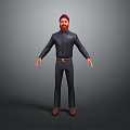 Man With Red Hair Beard In Dark Shirt Pants Arms Outstretched Against Gray Background
