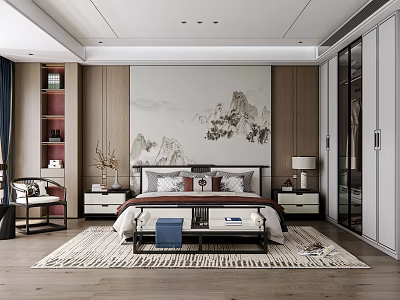 New Chinese Style Bedroom Bedroom Fabric Double Bed Single Leisure Chair Chandelier Table Lamp Bed End Stool Jewelry Ornaments 3d model