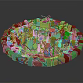Detailed Colorful Cartoon Scene With Round Design Houses Trees Water Boats And Stone Border