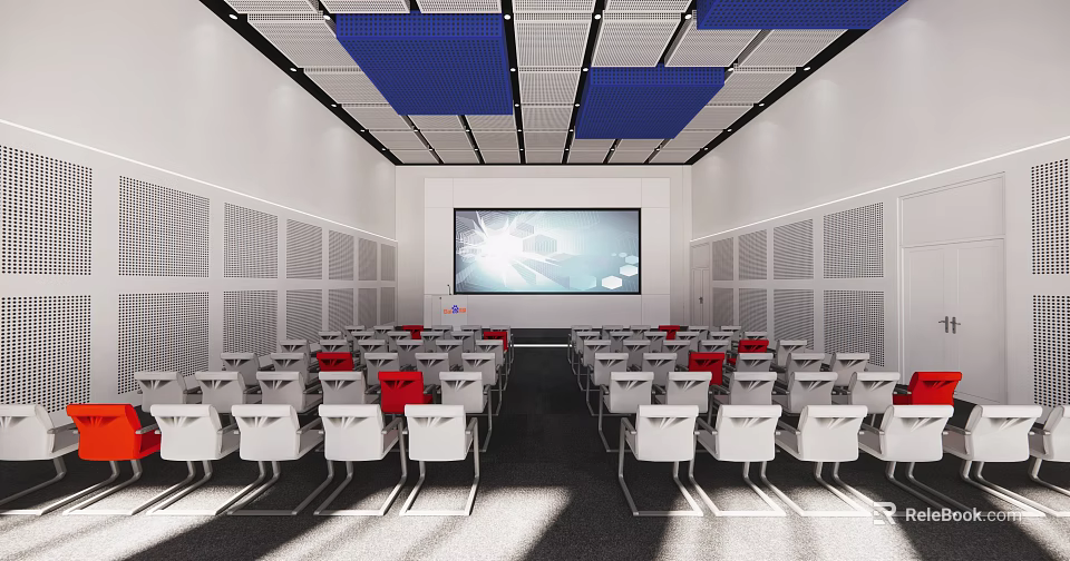 Modern Conference Room With White And Red Chairs Large Screen And Blue Ceiling Panels 3d model 