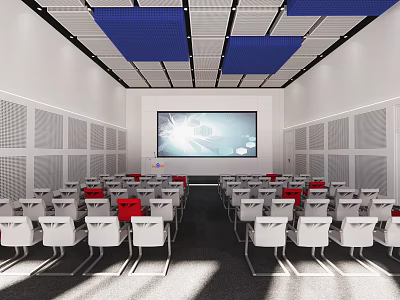 Modern Conference Room With White And Red Chairs Large Screen And Blue Ceiling Panels 3d model