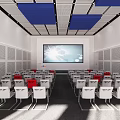 Modern Conference Room With White And Red Chairs Large Screen And Blue Ceiling Panels
