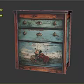 Vintage Painted Drawer Cabinet With Turquoise Orange Finish Golden Handles And Hand Painted Floral Design