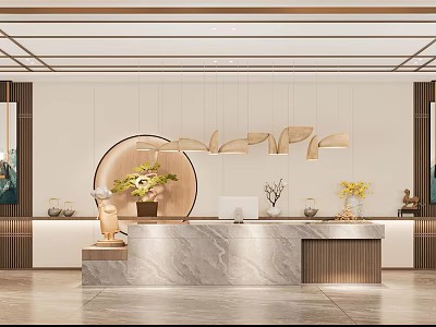 Elegant Hotel Lobby Interior Design With Marble Reception Desk Hanging Lights And Potted Plants 3d model
