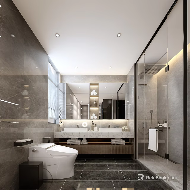Modern Luxury Grey Marble Bathroom With Double Sink Vanity Smart Toilet And Glass Shower Space 3d model 