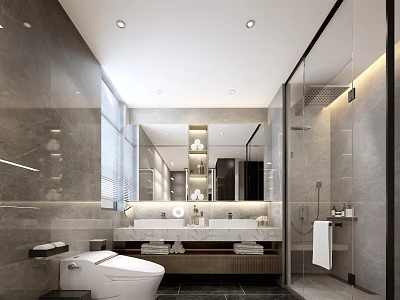 Modern Luxury Grey Marble Bathroom With Double Sink Vanity Smart Toilet And Glass Shower Space 3d model