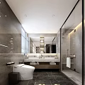 Modern Luxury Grey Marble Bathroom With Double Sink Vanity Smart Toilet And Glass Shower Space