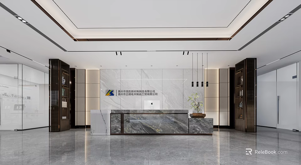 Elegant Modern Reception Area With Marble Wall Company Logo Hanging Lights And Potted Plant 3d model 