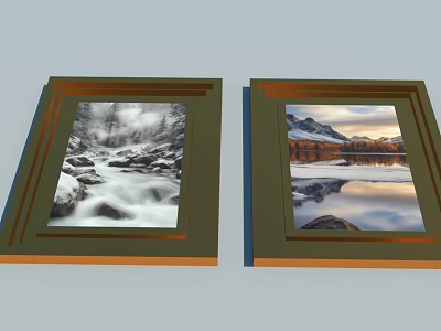 Framed Landscape Paintings With Snowy Stream Rocky Terrain And Calm Lake Reflection 3d model