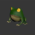 Green Frog Toy With Yellow Eyes Red Mouth White Paws On Dark Background Reflection