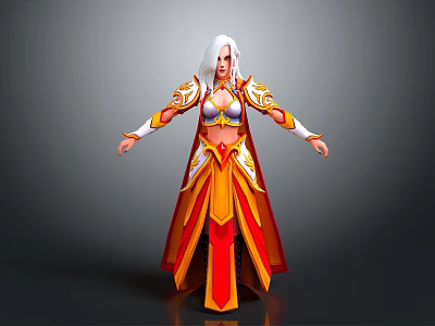 Woman In Red And Gold Long Robe With White Long Hair And Elaborate Ornate Sleeves 3d model