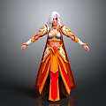 Woman In Red And Gold Long Robe With White Long Hair And Elaborate Ornate Sleeves
