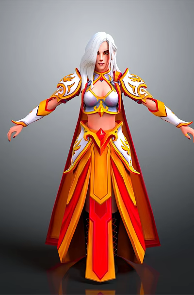Woman In Red And Gold Long Robe With White Long Hair And Elaborate Ornate Sleeves 3d model