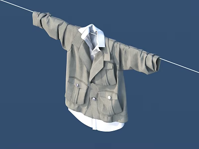 Gray Coat Hanging On A Rope With White Collar Pockets And Buttons Against Blue Background 3d model