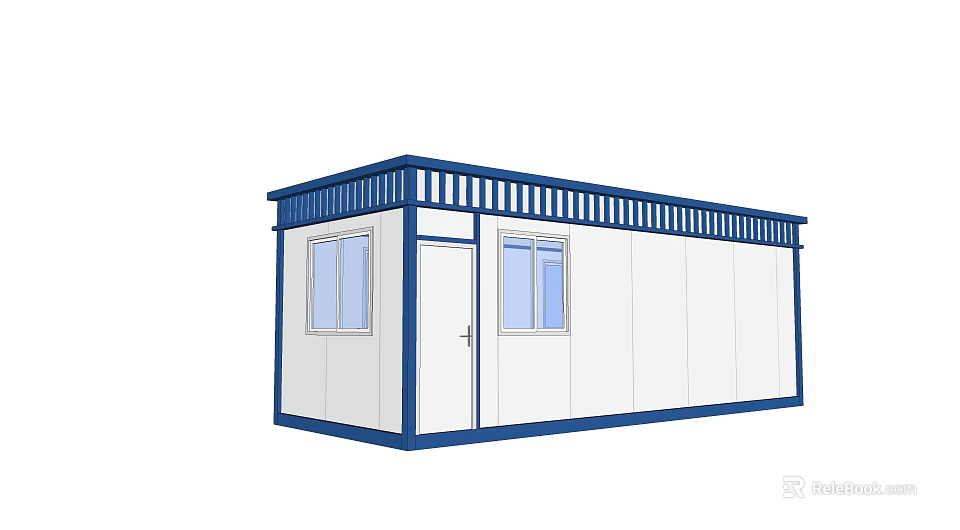 White Container House With Blue Frame Door Windows And Rooftop Railing 3d model