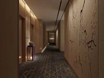 Modern Elevator Corridor With Decorative Wall Patterns Warm Lighting And Geometric Carpet 3d model