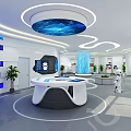 Modern Bank Lobby Interior with White Robot Blue China Map Wall and Circular Reception Desk