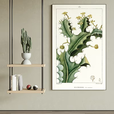Vintage Botanical Plant Painting Featuring Detailed Cactus Euphorbia Illustration For Home Decor 3d model