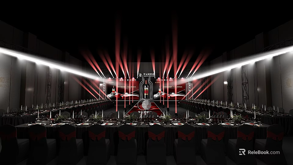 Elegant Banquet Hall Setup With Long Dining Tables Black Chairs And Red Stage Lighting 3d model 