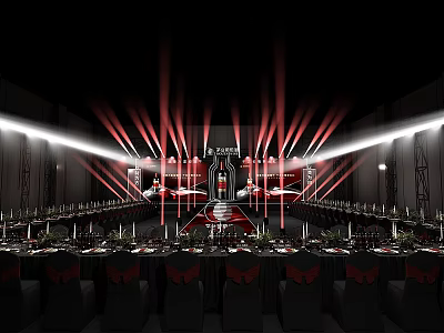 Elegant Banquet Hall Setup With Long Dining Tables Black Chairs And Red Stage Lighting 3d model