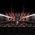 Elegant Banquet Hall Setup With Long Dining Tables Black Chairs And Red Stage Lighting
