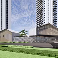 Modern Sales Office Building With Unique Roof Design Surrounded by Greenery and High-Rise Buildings