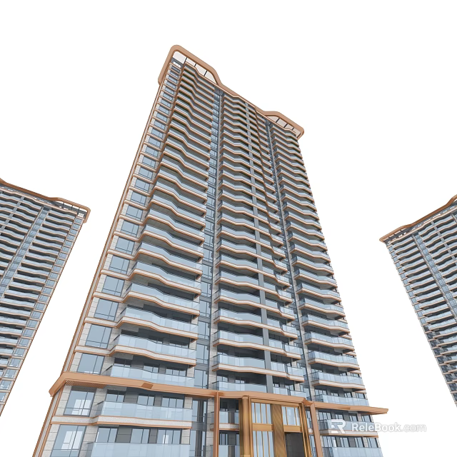 Modern High Rise Residential Building With Three Tall Towers Glass Exterior And Balconies 3d model 