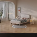 Double Bed with White Headboard Nightstand Table Lamp Decorative Painting Curtains and Wooden Floor Rug