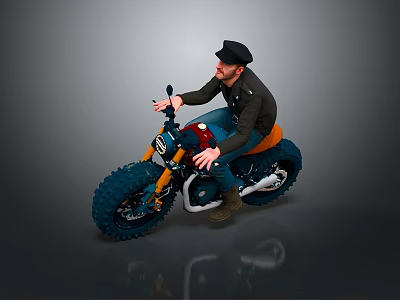 Man In Black Cap Sitting On Custom Motorcycle With Big Tires And Vintage Design 3d model