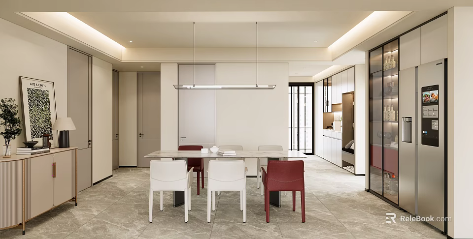 Modern Restaurant Interior With Dining Table White Red Chairs And Hanging Lighting 3d model