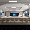 School Modern Classroom with Rows of Chairs Tables Large Screen Blackboard and Modern Lighting