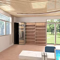 Modern Community Reception Area With Wooden Ceiling White Counter Blue Chairs And Lawn View Windows