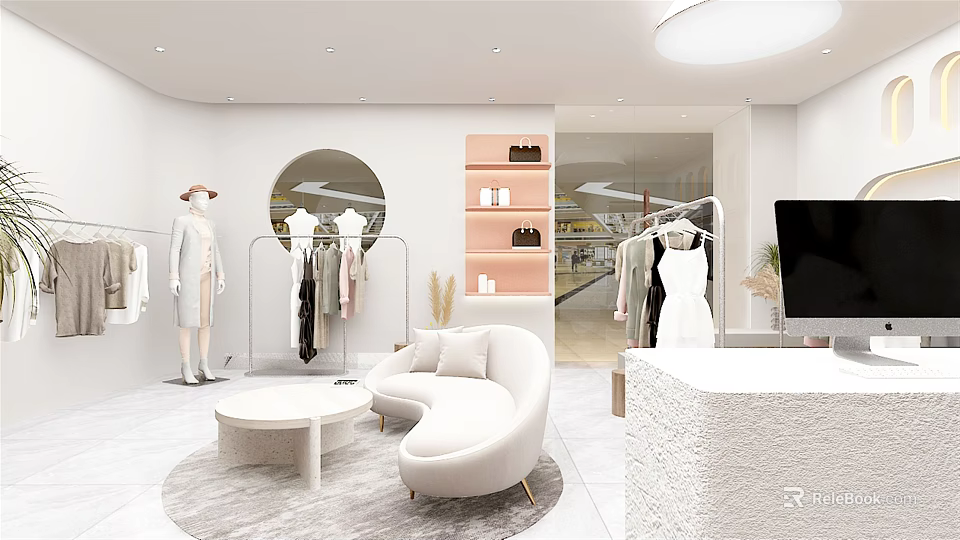 Modern Minimalist Clothing Store Interior With Round Mirror Mannequins Hanging Clothes And White Sofa 3d model 