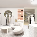 Modern Minimalist Clothing Store Interior With Round Mirror Mannequins Hanging Clothes And White Sofa