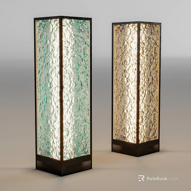 Outdoor Standing Lights With Patterned Glass Shades Green Beige Black Frames 3d model 