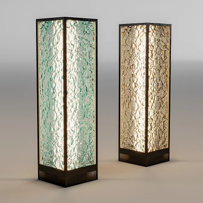 Outdoor Standing Lights With Patterned Glass Shades Green Beige Black Frames 3d model