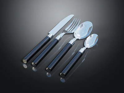 Modern Household Kitchen Cutlery Set With Black Handles And Shiny Metal Finish 3d model