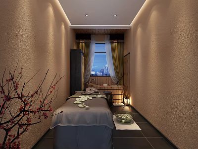 Cozy SPA Sauna Room With Massage Bed Towels Petals Wooden Bucket And City View 3d model