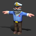 Man As Captain With White Hat Mustache Blue Shirt Red Badge Brown Pants Outstretched Arms