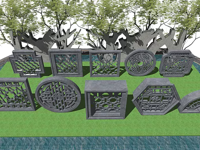Traditional Carved Windows In Various Shapes Displayed On Green Grass With Trees 3d model