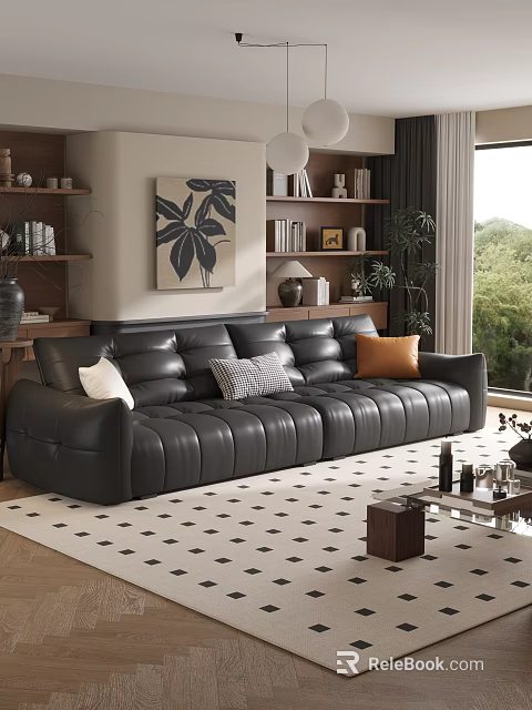 Black Leather Sofa and Coffee Table Set with White Gray Orange Cushions on Checkered Rug 3d model 