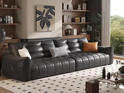 Black Leather Sofa and Coffee Table Set with White Gray Orange Cushions on Checkered Rug 3d model