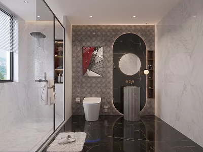 Modern Luxurious Marble Bathroom Interior With Smart Toilet Freestanding Sink And Glass Shower Enclosure 3d model
